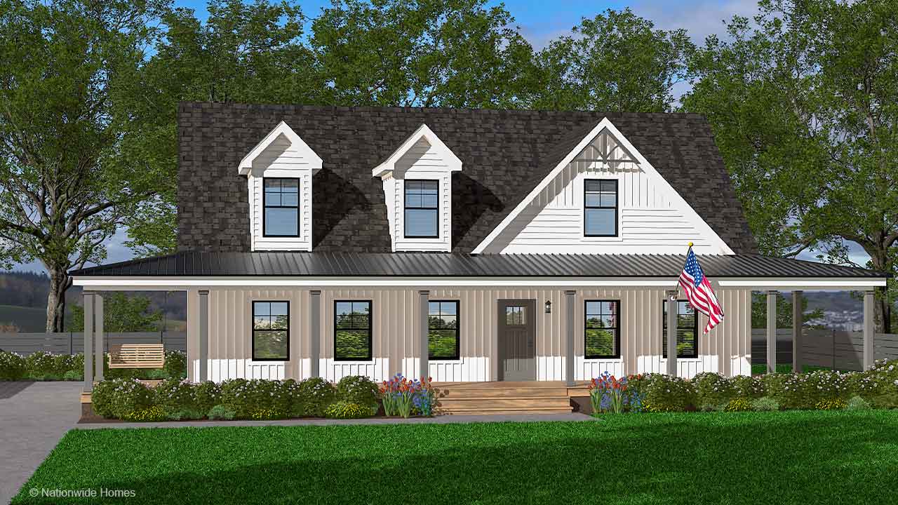 Farmhouse V cape cod modular home rendering with white exterior