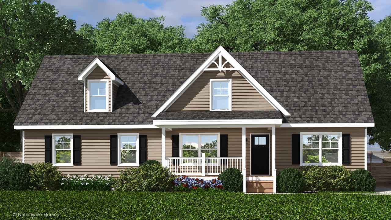 Regis Cape modular home rendering with craftsman exterior