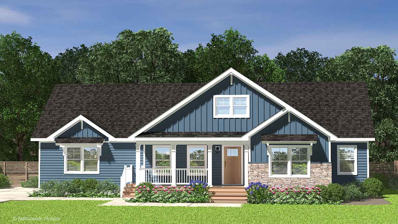 Sparden modular home rendering with blue craftsman exterior